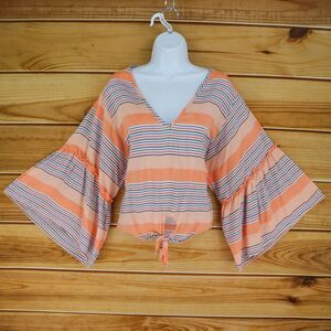 Anthropologie Lavendar Field Blouse Flared Sleeve Women L Salmon Pink Multicolor